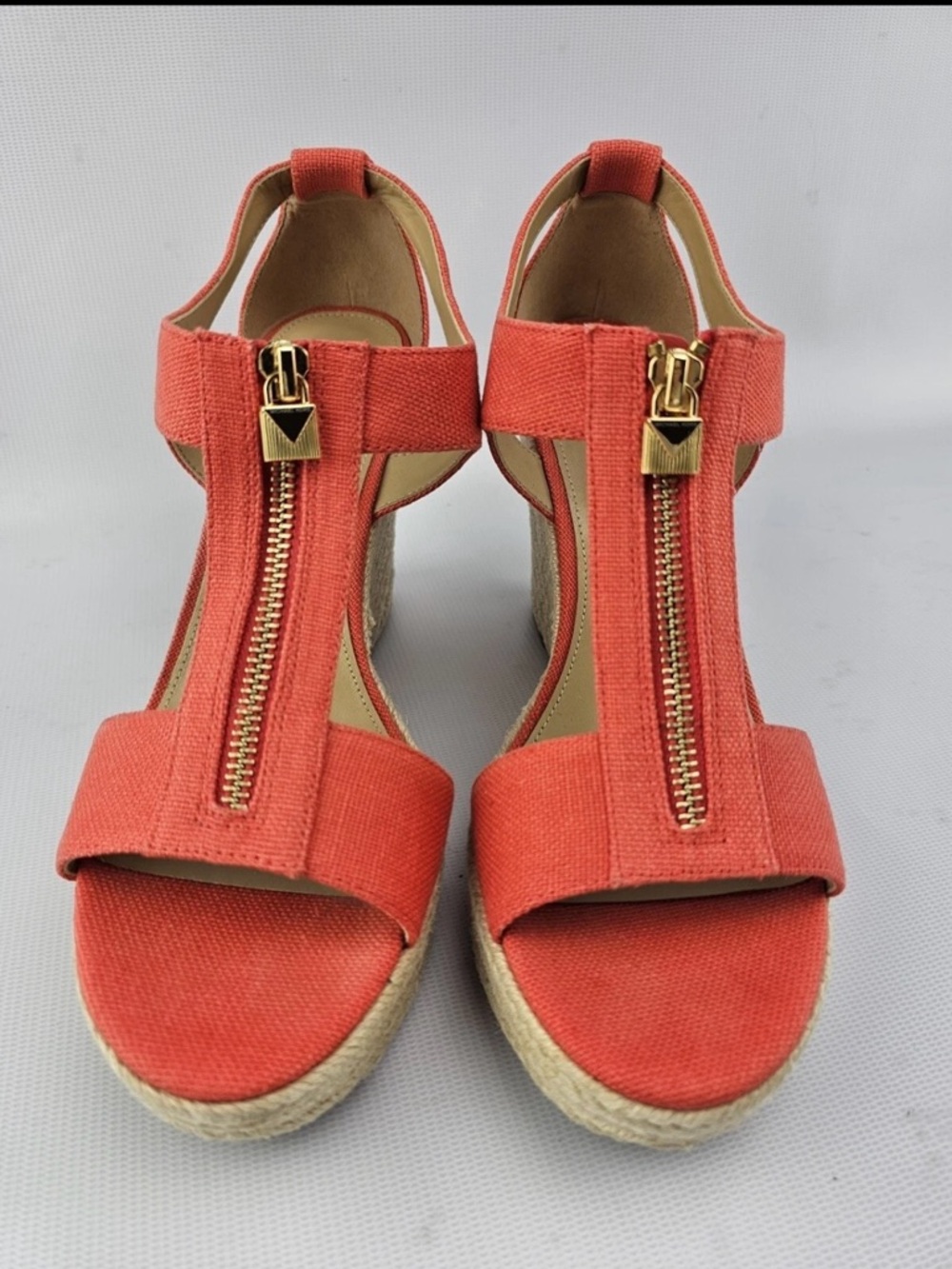 Michael Kors Coral Canvas Espadrille Wedge Sandals with Gold Zip